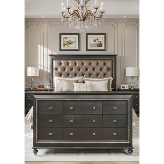 Sunvega Kaitlyn Metallic Gray Finish Wood Nightstand with Two Drawers and Crystal Trim