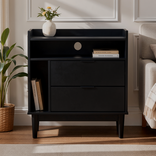 Sunvega Mid-Century Modern Solid Wood 2-Drawer Nightstand with Tray Top