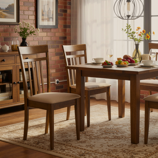 Sunvega Transitional Chestnut Dining Set with Four Tan Microfiber Chairs