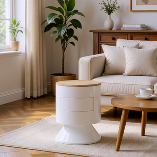Sunvega White High Gloss Modern Drum Nightstand with Single Drawer for Bedroom