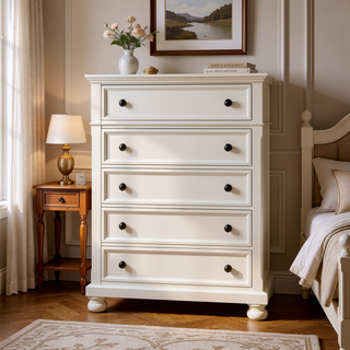 Sunvega White Finish 5 Dovetail Drawers Chest with Antique Bronze Knobs