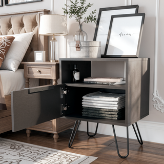 Sunvega Black Nightstand with Hairpin Legs, Open Shelf, and Single Door Cabinet