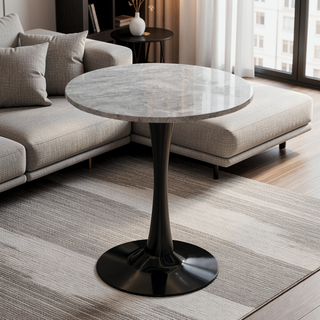 Sunvega Round White Pedestal Side Table with Marble Effect Top for Living Room
