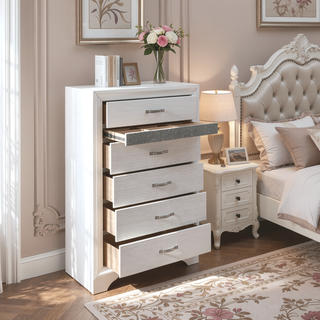 Sunvega White and Silver Glitter Nightstand with Hidden Felt-Lined Jewelry Drawer