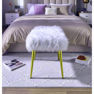 Sunvega Gold Finish Metal Base Armless Backless Lounge Bench with White Faux Fur