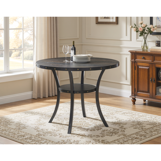 Sunvega Espresso Wood Counter Height Round Dining Table with Nailhead Accent and Shelf