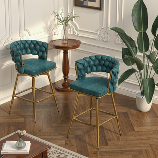 Sunvega Set of 2 Blue Suede Woven Swivel Bar Stools with Golden Legs and Footrest