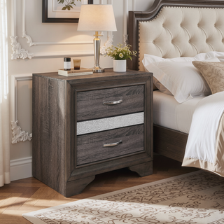 Sunvega White and Silver Glitter Nightstand with Hidden Felt-Lined Jewelry Drawer