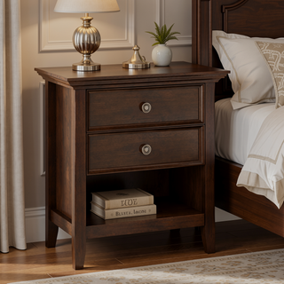 Sunvega Handcrafted Solid Wood Russet Brown Bedside Table with Two Drawers