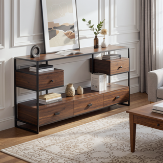 Sunvega Display Farmhouse Bar Height Table with Storage in Black Metal and Walnut Wood