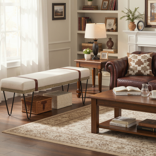 Sunvega Karis Beige Upholstered Accent Bench with Leatherette Straps and Nailhead Studs
