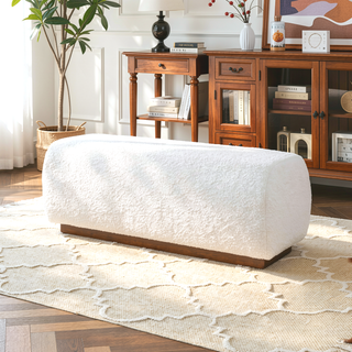 Sunvega Ivory Boucle Bench with Teak Frame for Living Room or Bedroom