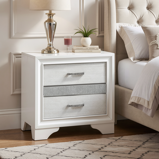 Sunvega White 2-Drawer Nightstand with Rhinestone Pulls and Hidden Jewelry Tray