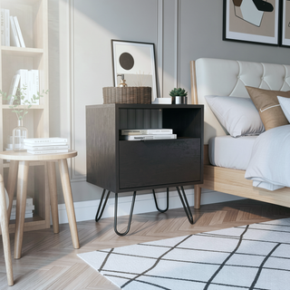 Sunvega Single Door Cabinet Nightstand with Hairpin Legs and Two Shelves