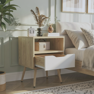 Sunvega Natural Oak and White Nightstand with Drawer and Open Shelf