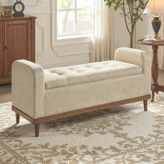 Sunvega Solid Wood Walnut Finish Tufted Dark Gray Upholstered Storage Bench with Lift Top