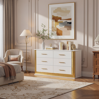 Sunvega Gold Finish Wood Dresser with LED Mirror for Bedroom Decor
