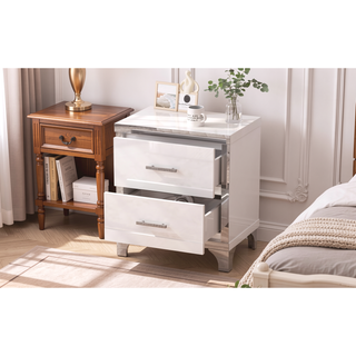Sunvega High Gloss White Nightstand with 2 Drawers and Metal Handle for Bedroom