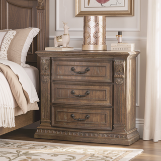 Sunvega Weathered Oak Solid Wood Nightstand with Carved Details and Reeded Posts