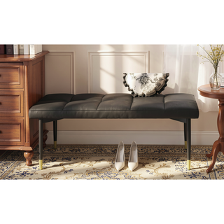 Sunvega 47 Inch Multifunctional Black Shoe Bench with Faux PU Cushion and Gold Accents