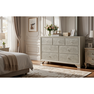 Sunvega Modern Glam Two Drawer Nightstand with Embossed Crocodile Pattern and Champagne Finish