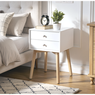 Sunvega Mid-Century Modern Bedside Table with 2 Drawers and Rubber Wood Legs