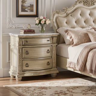 Sunvega Glamorous Vintage Nightstand with Marble Top and Three Drawers