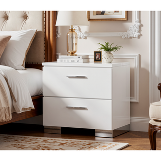Sunvega Modern High Gloss White Finish Nightstand with Two Storage Drawers