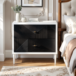 Sunvega White and Black Accent Nightstand with Two Patterned Drawers and Wooden Legs