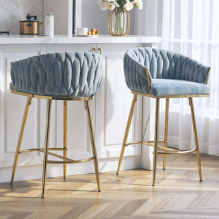 Sunvega Lambswool Fabric Counter Height Bar Stools Set of 2 with Wave Back
