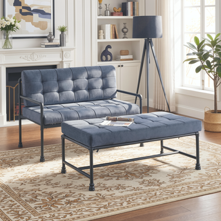 Sunvega Industrial-Inspired Tufted Bench with Grey Velvet Upholstery and Metal Legs