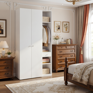 Sunvega Two Door Closet System with Fixed Shelves for Bedroom and Laundry Room Organization