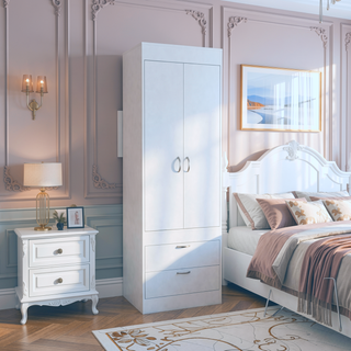 Sunvega White Armoire with Double Doors Two Drawers and Metal Handles
