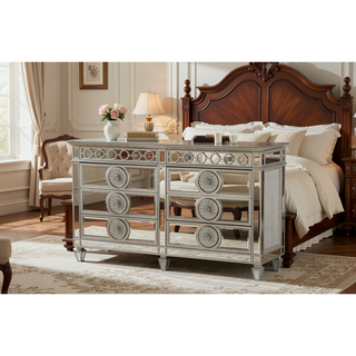 Sunvega Mirrored Nightstand with Geometric Trim and Crystal Knobs for Bedroom