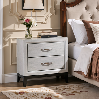 Sunvega White Wood Nightstand with Two Drawers and Metal Handles