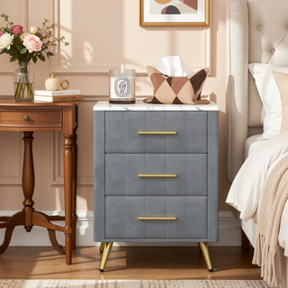 Sunvega Upholstered Velvet Nightstand with Marbling Worktop and 3 Spacious Drawers