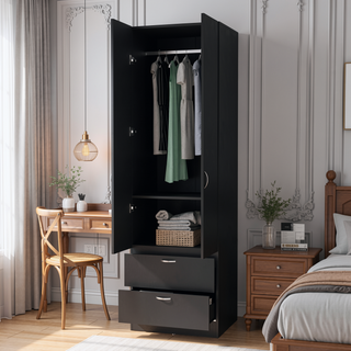 Sunvega Wenge 2-Door 2-Drawer Wardrobe with Hanging Rod for Bedroom