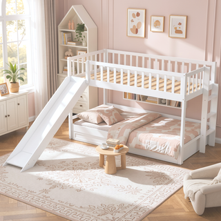 Sunvega Twin Size Low Loft Bed with Slide and Space Saving Ladder in Gray
