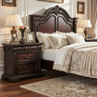 Sunvega Traditional Dark Cherry Bedroom Nightstand with 2 Drawers and Solid Wood Carvings