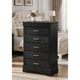 Sunvega Modern Black Crocodile Texture Solid Wood Five Drawer Tall Chest