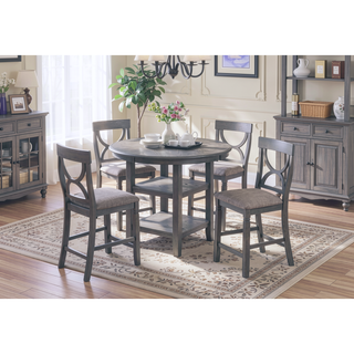 Sunvega Contemporary Round Dining Table with Storage Shelves and 4 Gray Chairs