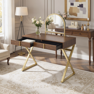 Sunvega White and Gold Vanity Desk with Mirror and Jewelry Storage Tray