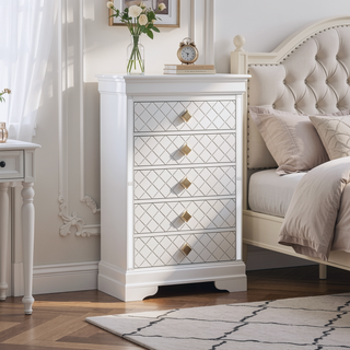 Sunvega Fully Assembled Pearl White Nightstand with Gold Handles and Faux Crystal