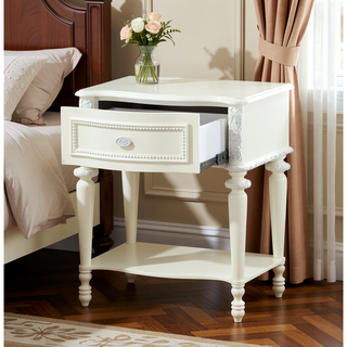 Sunvega Floral Pattern Ivory Nightstand with Drawer and Open Shelf Storage