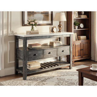 Sunvega Merel White Marble Top and Gray Oak Finish Rectangular Server with 3 Drawers