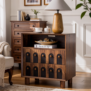 Sunvega Modern Nightstand with Charging Station, 2 Drawers and Curved Mirror Design for Bedroom