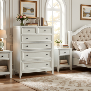 Sunvega Gypsum Whitewash 6-Drawer Chest with Sleek Metal Knobs