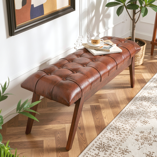 Sunvega Mid Century Modern Leather Bench with Solid Wood Frame and Tapered Legs for Living Room