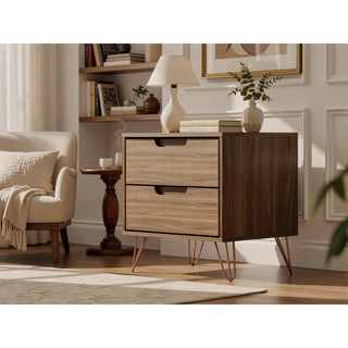 Sunvega Mid-Century Modern Nightstand with Spacious Drawers and Metal Legs