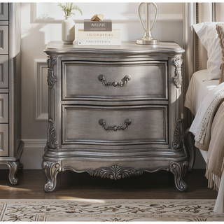 Sunvega Antique Platinum Finish Nightstand with Intricate Details for Bedroom